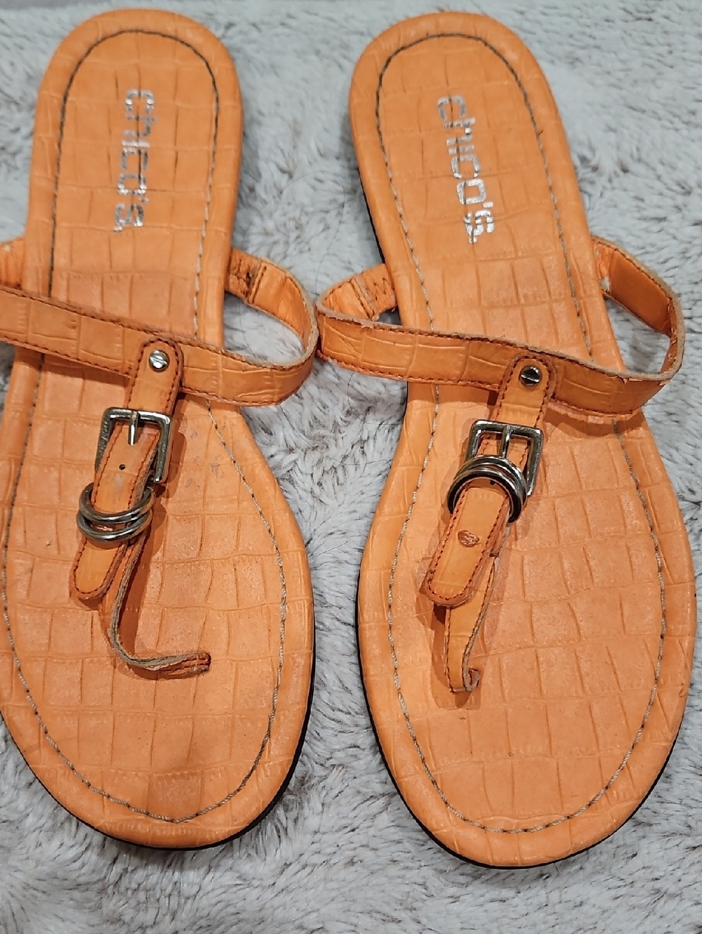 Chico's Orange Croc-Embossed Buckle Thong Sandals
